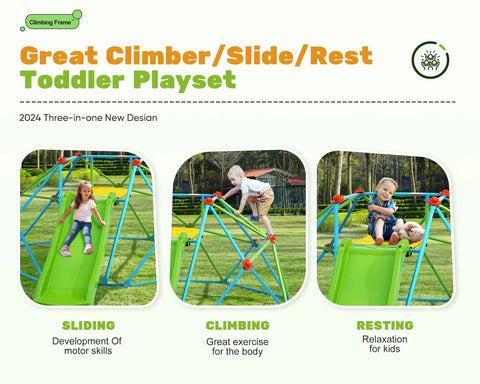 Collage showing children using Climbing Dome With Slide 8Ft Jungle Gym For Backyard, kids sliding, climbing, and resting.