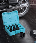 Fourteen Piece External Star Impact Socket Set With Storage Case for E4 Through E24 Sockets in One Quarter Inch, Three Eighths Inch, and One Half Inch Drives With ETorx, Chrome Vanadium Steel, Pro Grade Heavy Duty For Impact Wrench shown in open blue case