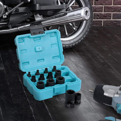 Fourteen Piece External Star Impact Socket Set With Storage Case for E4 Through E24 Sockets in One Quarter Inch, Three Eighths Inch, and One Half Inch Drives With ETorx, Chrome Vanadium Steel, Pro Grade Heavy Duty For Impact Wrench shown in open blue case