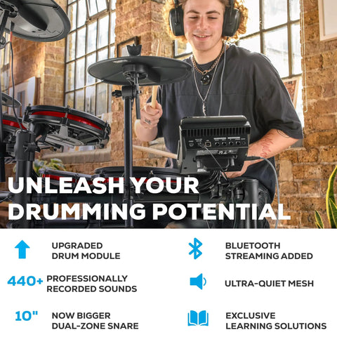 Person playing 8 Piece Electronic Drum Kit With Quiet Mesh Heads For Beginners 10 Inch Dual Zone Snare in studio setting