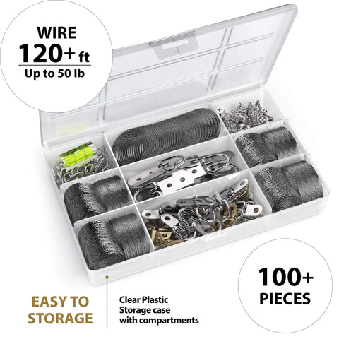 All In One Picture Hanging Kit With 100 Plus Pieces Including D Ring Screws Hooks Level And Stainless Steel Wire Hanger Supports Up To 50 Lbs 120 Feet Of Wire Comes In A Solid Box For Easy Do It Yourself Wall Art displayed in clear box
