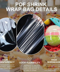 Top Shelf 4X6 Inch POF Heat Shrink Wrap Bags 200 Pack 100 Gauge Crystal Clear Film showing flexibility, transparency, and shrinkage details.