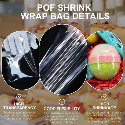 Top Shelf 4X6 Inch POF Heat Shrink Wrap Bags 200 Pack 100 Gauge Crystal Clear Film showing flexibility, transparency, and shrinkage details.
