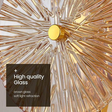 Close-up of Set Of 2 Gold Wall Sconces With Brass Finish and textured glass shade highlighting light refraction.