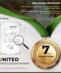 Image of a 7-year exclusive design medal with a magnified patent document, highlighting Fruiteam's innovation and quality focus.