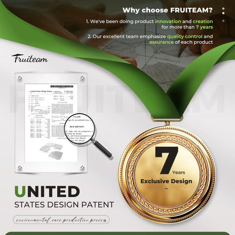 Image of a 7-year exclusive design medal with a magnified patent document, highlighting Fruiteam's innovation and quality focus.