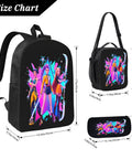 17-inch backpack and matching bags with colorful graphic design, shown with dimensions.
