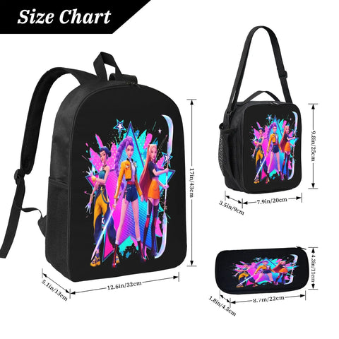 17-inch backpack and matching bags with colorful graphic design, shown with dimensions.