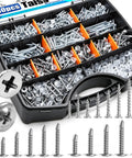 Wood Screws Assortment Kit With Eighteen Sizes Including 6 8 10, 410 Stainless Self Tapping And Zinc Plated Carbon Steel Self Drilling Screws