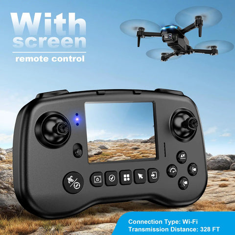 Drone With Camera And Built In Screen On Controller For Beginners, Foldable Quadcopter with remote showing built-in screen.