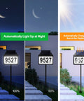 Solar Powered Address Sign With LED House Numbers White Warm RGB Illumination, IP65 Waterproof Outdoor Plaque For Home showing day-night modes