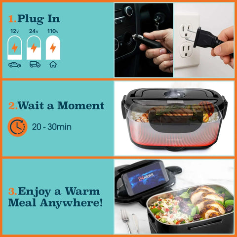 Instructions for using Electric Heated Lunch Box For Adults 100W Portable Food Warmer 1.5L Stainless Steel With 12 24 110V