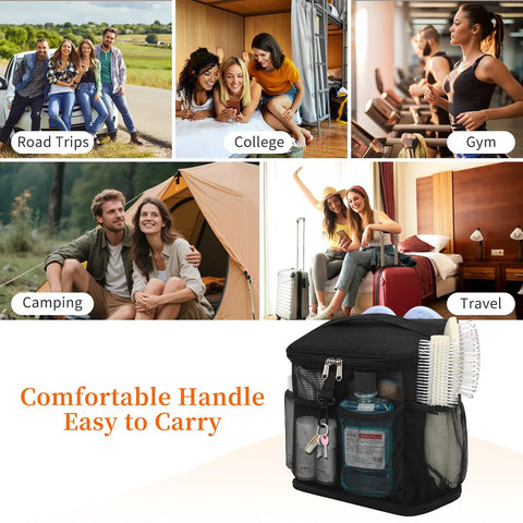 Portable Mesh Shower Caddy For Bathroom Gym Travel Camping Quick Dry Hanging Organizer shown with toiletries and handle