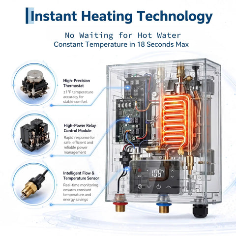 Close up of internal components of the 14KW Electric Tankless Water Heater showing heating elements and controls.