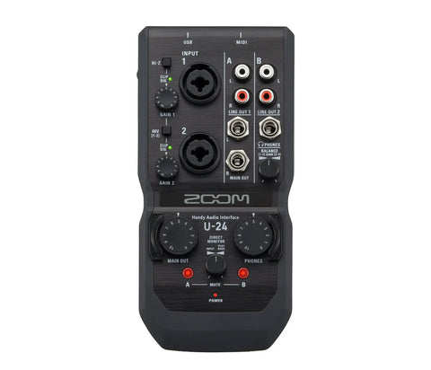 Front view of a Two Channel USB Audio Interface For PC Mac And iPad With Two XLR TRS Combo Inputs MIDI I O And RCA Outputs
