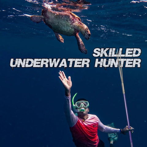Diver with Rugged Seven Foot Aircraft Grade Aluminum Hawaiian Sling Pole Spear observing turtle