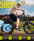 Rider on Beast Mode 1500W Peak Electric Fat Tire Bike For Adults, All Terrain 20x4.0, showing speed and motor features.