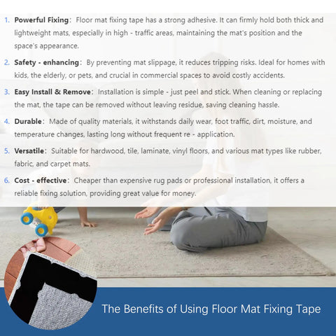 Woman demonstrating 12 Pack Double Sided Rug Tape With Corner Grippers on hardwood floor, showing versatile use and installation guide.