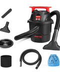 Compact Wet Dry Vacuum With 2 Point Zero Peak Hp Motor And 1 Point Five Gallon Bucket, accessories include attachments and filters.