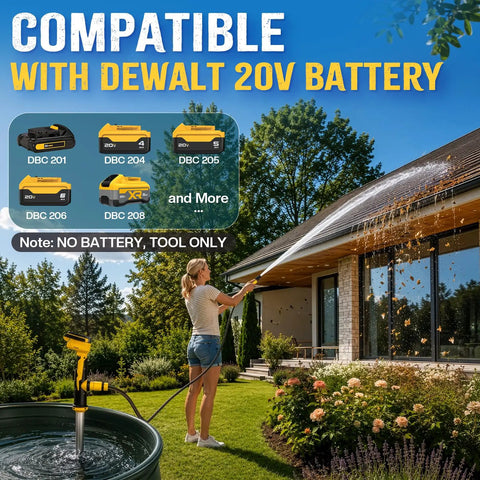 Image showing Heavy Duty Cordless Stick Water Transfer Pump With Brushless Motor in action, compatible with Dewalt 20V battery.