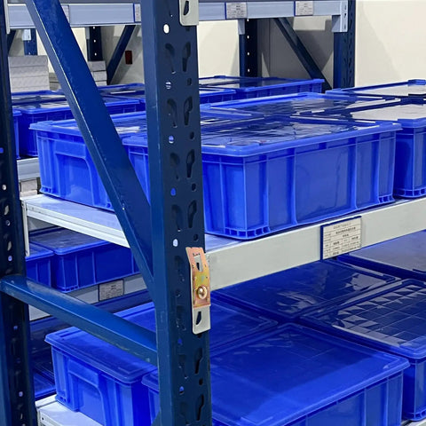 Teardrop Pallet Rack Safety Clips Set, Heavy Duty Carbon Steel Galvanized Beam Locks in blue warehouse shelving