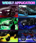 Vehicles with 4 Piece Underglow Kit For Cars And Trucks App Controlled Multicolor RGB Underbody Lights With Music Sync