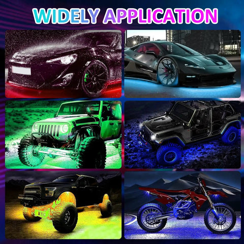 Vehicles with 4 Piece Underglow Kit For Cars And Trucks App Controlled Multicolor RGB Underbody Lights With Music Sync