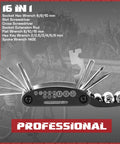 All In One Bike Repair Kit with 16-in-1 multitool featuring hex wrenches, slot and cross screwdrivers for road mountain MTB bikes
