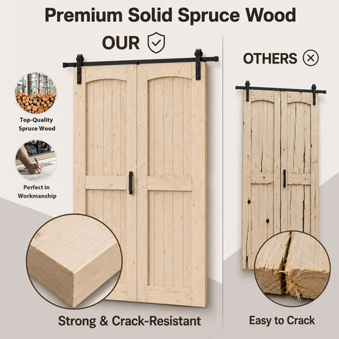 Heavy Duty 80 Inch Double Bifold Barn Door Hardware Kit With Super Slick Spring Steel Tracks And Smooth Glide Rollers For Rustic Spruce Wood Closet Doors image comparing solid spruce wood quality.