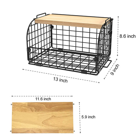 Keep Your Counters Tight With This Solid Stackable Wire Basket Set Designed To Sweep Up Kitchen Clutter While Offering Plenty Of Room For Sorting Fresh Produce Spices And Snacks, stackable black wire basket with bamboo top, 13x9x8.6in.