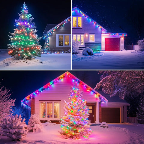 50Ft Outdoor String Lights With 27 Shatterproof Diamond Bulbs IP65 Waterproof Heavy Duty LED Patio Lights on snowy house