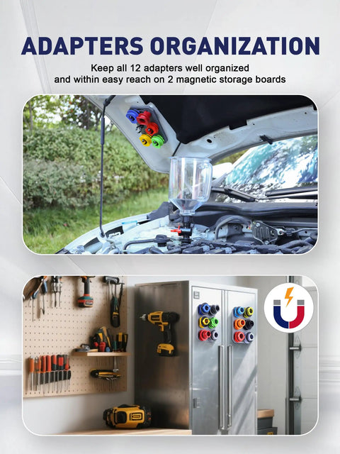 Engine Oil Funnel Kit With Spill Proof Design And Flow Control Valve for mess-free oil changes, adapter organization shown