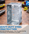 Heavy Duty 4x2 Inch Steel Electrical Handy Box Kit on wooden table showing durable construction with tools