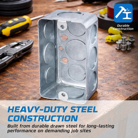 Heavy Duty 4x2 Inch Steel Electrical Handy Box Kit on wooden table showing durable construction with tools