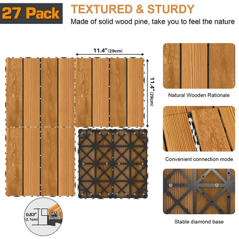 Solid Pine Wood Interlocking Deck Tiles 27 Pack Easy Snap Together 12 By 12 Inch Waterproof Outdoor Flooring All Weather
