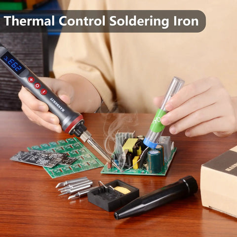 All-In-One 90W Adjustable Soldering Iron Kit With LED Display 180-480C Temperature Range 9-In-1 Soldering Gun Set in use