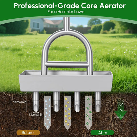 Manual Lawn Aerator With Four Stainless Steel Plug Tines Preassembled Core Aerator Tool demonstrating core aeration process