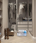 Three Pack Dope Underwear And Sock Storage Bins Made From Heavy Duty Nylon Grid Panels Delivers A Hella Neat Dresser Drawer And Closet Game Changer Setup in a modern closet.