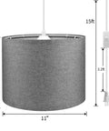 Plug In Pendant Light With 15 Ft Cord And Easy On Off Switch Gray Fabric Shade Hanging Light Fixture No Hardwiring Needed Ideal For Living Room Bedroom Dining Kitchen Adjustable Length For Perfect Ambiance with dimensions shown