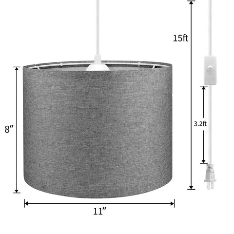 Plug In Pendant Light With 15 Ft Cord And Easy On Off Switch Gray Fabric Shade Hanging Light Fixture No Hardwiring Needed Ideal For Living Room Bedroom Dining Kitchen Adjustable Length For Perfect Ambiance with dimensions shown