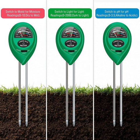 3 In 1 Soil Moisture Meter And pH Tester With Light Sensor For Garden Farm Lawn Indoor Outdoor No Battery Needed One Button Quick Read Probes shown in use