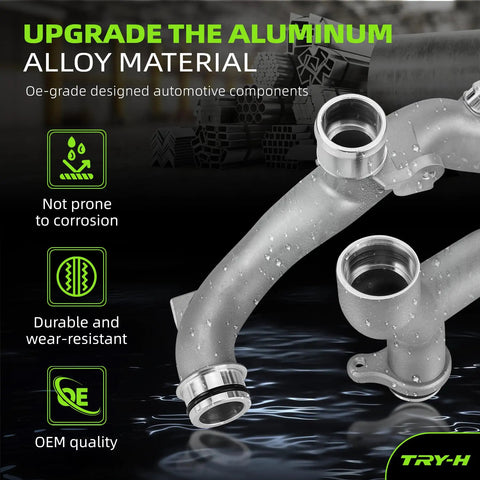 Drop In Aluminum Coolant Outlet Pipe LR092992 Heavy Duty Swap For Land Rover And Jaguar Rides Straight Plug And Play engine component with water droplets.
