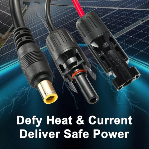 Close-up of Five Meter Solar Extension Cable 16Ft With DC7909 Connector, showing plug and adapters against a solar panel background.