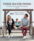 Three Seat Outdoor Porch Swing with Stand and Side Tables, Wooden Patio Swing Bench with Steel Chains and family