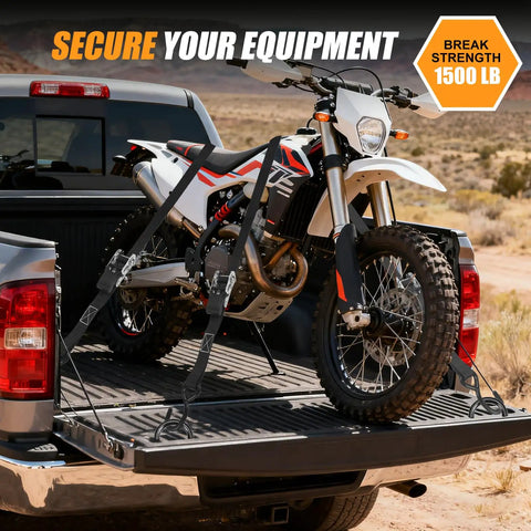 Heavy Duty Self Retracting Ratchet Straps 1500 Lbs Break Strength 1 X 15 Ft securing motorcycle in truck bed during transport.