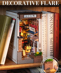 Front view of Sakura Wine Alley Japanese Book Nook Kit for Adults and Teens, DIY 3D Wooden Miniature House Puzzle on a bookshelf.