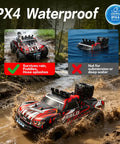 One Eighteen Scale 4WD RC Truck IPX4 waterproof, driving through puddles and rain, showing its durability in wet conditions