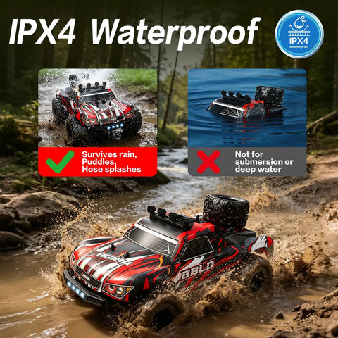 One Eighteen Scale 4WD RC Truck IPX4 waterproof, driving through puddles and rain, showing its durability in wet conditions