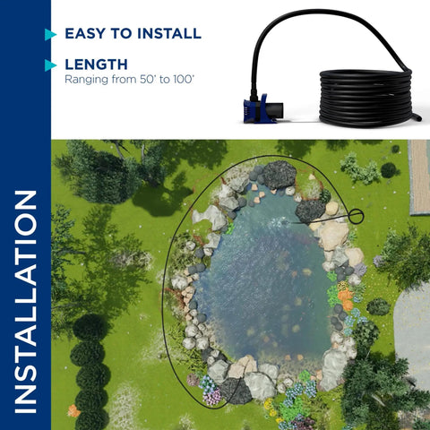 Ultra Flexible Three Eighths Inch Inside Diameter PVC Tubing One Hundred Feet Long Black For Ponds Fountains And Waterfalls Circulation Durable One Sixteenth Inch Wall Great For Outdoor Garden Water Features shown in pond setup installation view
