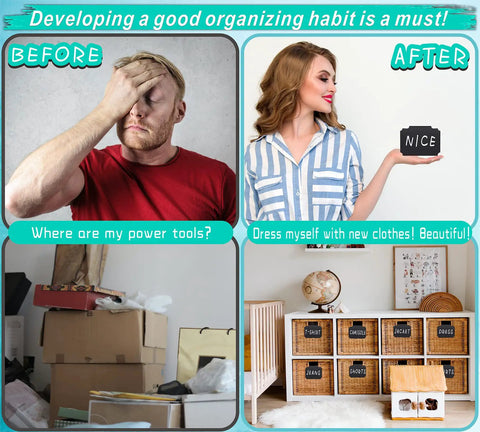 Before and after organization with Ultimate 81 Piece Basket Label Kit With Clip On Labels for tidy home and office spaces.